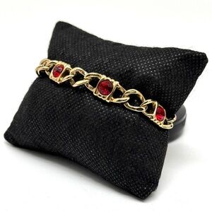 Vintage Goldtone Link Bracelet with Red Rhinestones